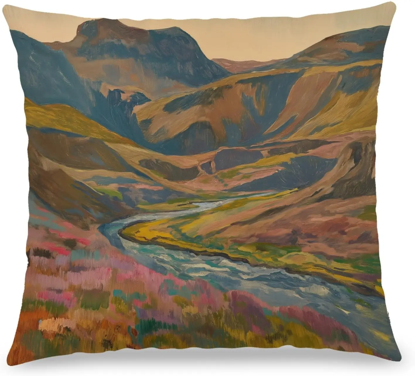 Rustic Mountain Landscape Art Pillow Cover Cushion for Indoor Home Decor Nature View Scenic Canvas Print 40x40cm