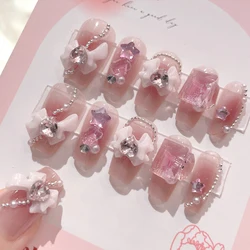 24pcs/box Pink Luxury Fake Nails press on nails 3D Bows Heart Butterfly Rhinestone Design Y2k Stick-on Nails Reusable False Nail