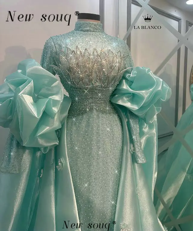 

Mint Green Shiny High Neck Muslim Evening Dresses Customized Middle East Dubai Formal Wedding Second Reception Party Gowns