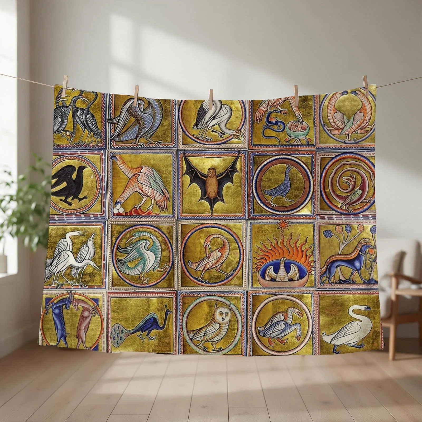 MEDIEVAL BESTIARY, FANTASTIC ANIMALS IN GOLD RED BLUE COLORS Throw Blanket