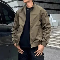 Spring Autumn Solid Color Zipper Pockets Lantern Long Sleeve Cardigan Men's Round Neck Coats Jackets Preppy Style Vintage Tops