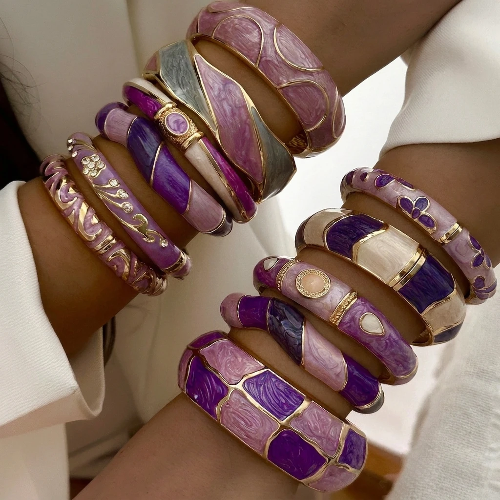 Exaggeration Purple Gradient Enamaled Metal Bangles for Women Rhinestone Flower Wide Chunky Cuff Bangle Party Jewelry Gift