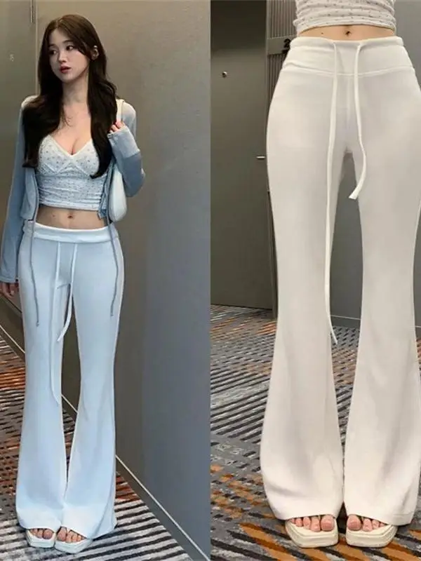 East Gate New Style Women's Slim Fit Casual Pants High Waist Drawstring Micro Flared Comfortable Breathable Cotton Blend