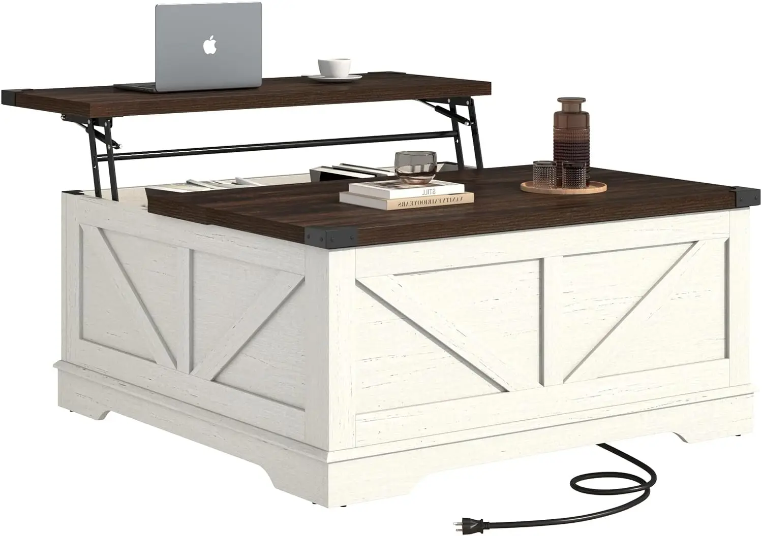 Large Hidden Storage, Square Wood Living Room Tables, Multi-Function Lift Wooden Barn Door Center Table, Rustic White