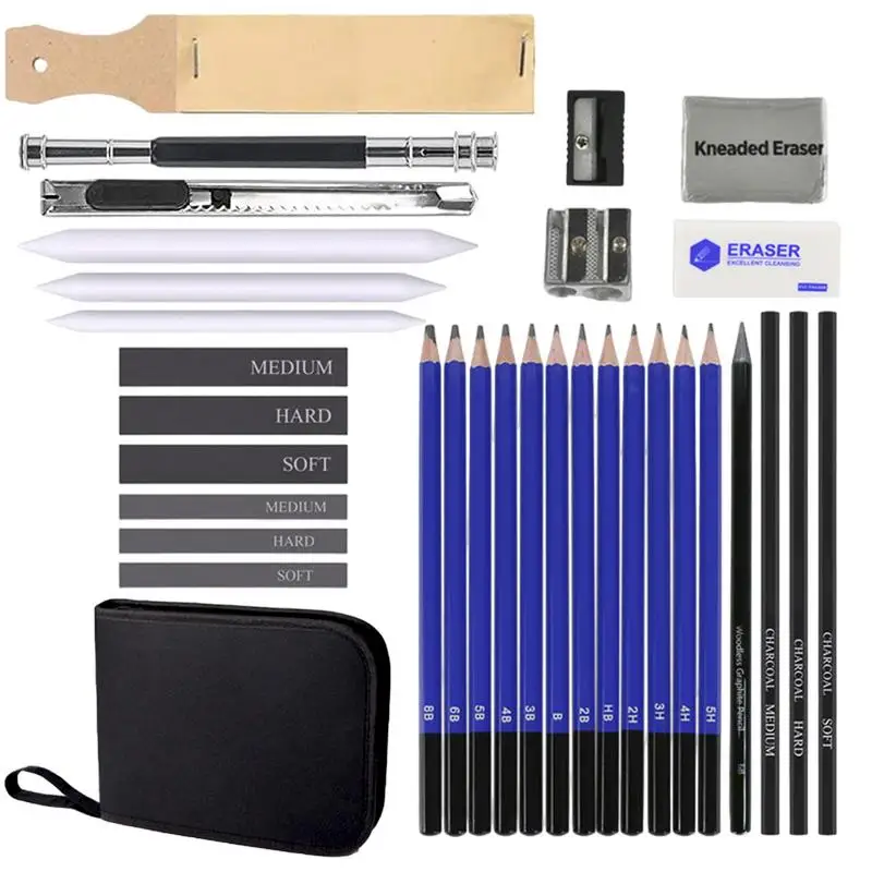 

Drawing Pencils For Sketching Sketch Pencil Travel Art Kit 33 PCS Knead Eraser Pencil Sharpener Charcoal Sticks 12 Graphite