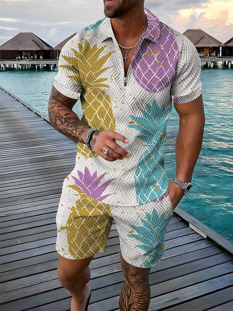 Summer Tropical Fruit 3D Print Męski zamek błyskawiczny 2024 Dres Trend Koszulka Polo Modne szorty 2 szt. Zestawy Męski zestaw odzieży ulicznej