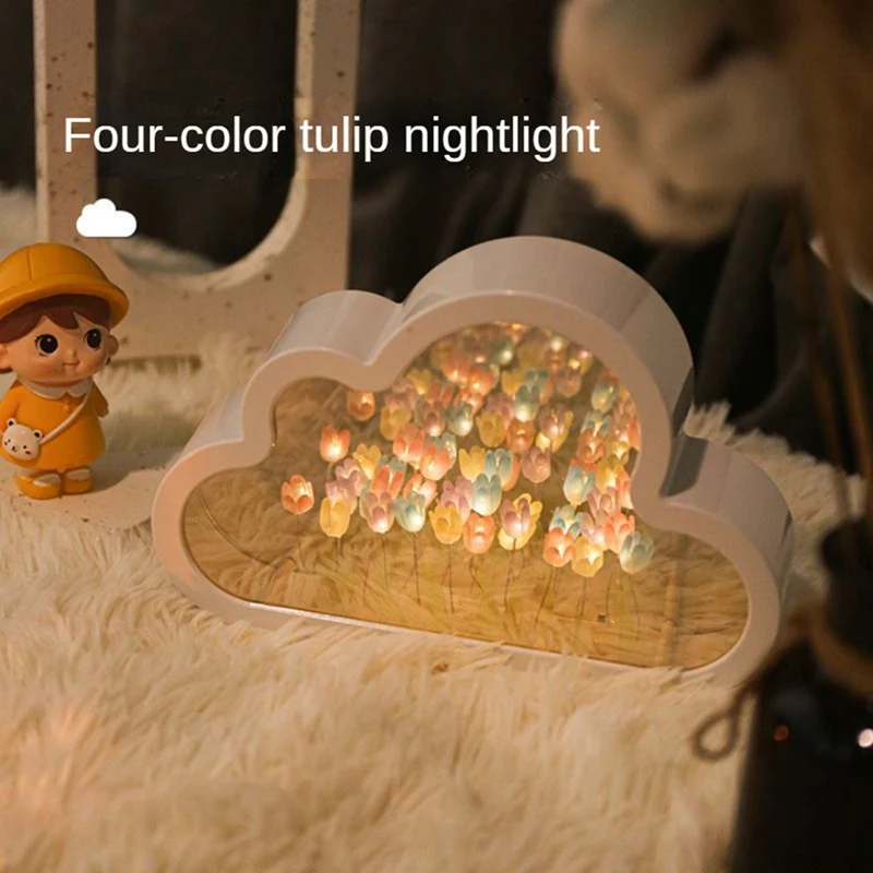 

Cloud-Mirror Night Light Handmade DIY Tulip Girl Living Room Night Light Small Mirror Desktop Light-Emitting Ornaments