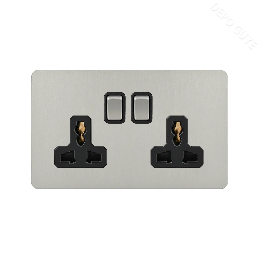 رمادي تبديل التبديل الفولاذ المقاوم للصدأ لوحة معدنية 2 طريقة الرجعية مفتاح الإضاءة العالمي المملكة المتحدة مقبس الطاقة الجدار USB نوع c منفذ شاحن #6