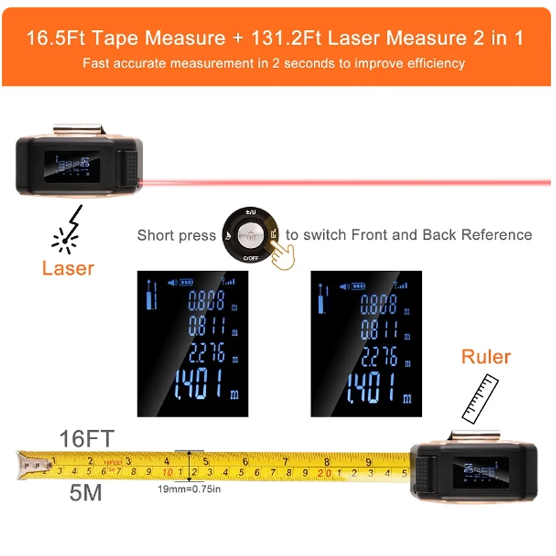 5M Tape Digital  40/60M Laser Tape Measure Distance Meter Stainless Retractable Rangefinder 3 In 1 Laser Measuring Tool