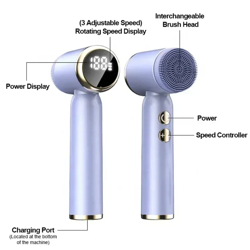 Escova elétrica de limpeza facial 6 em 1, silicone, limpeza facial, display led, escova de lavagem facial, limpador de poros com cravos