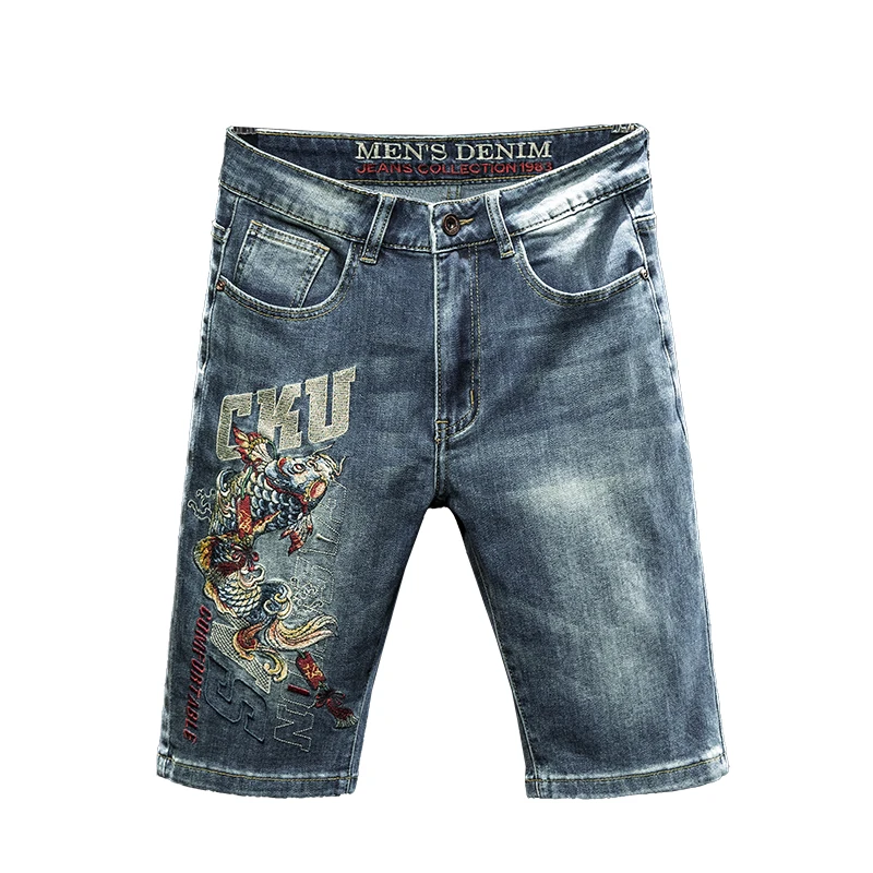Chinese Style Embroidery Denim Shorts Men's Summer High-End and Fashionable Personality Street Slim Stretch Casual Cropped Pants