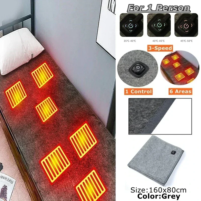 6 Area 10W DC Heated Mat Plush Electric Blanket Single Mattress USB Type-C Interface Portable Washable Office Bedroom Outdoor