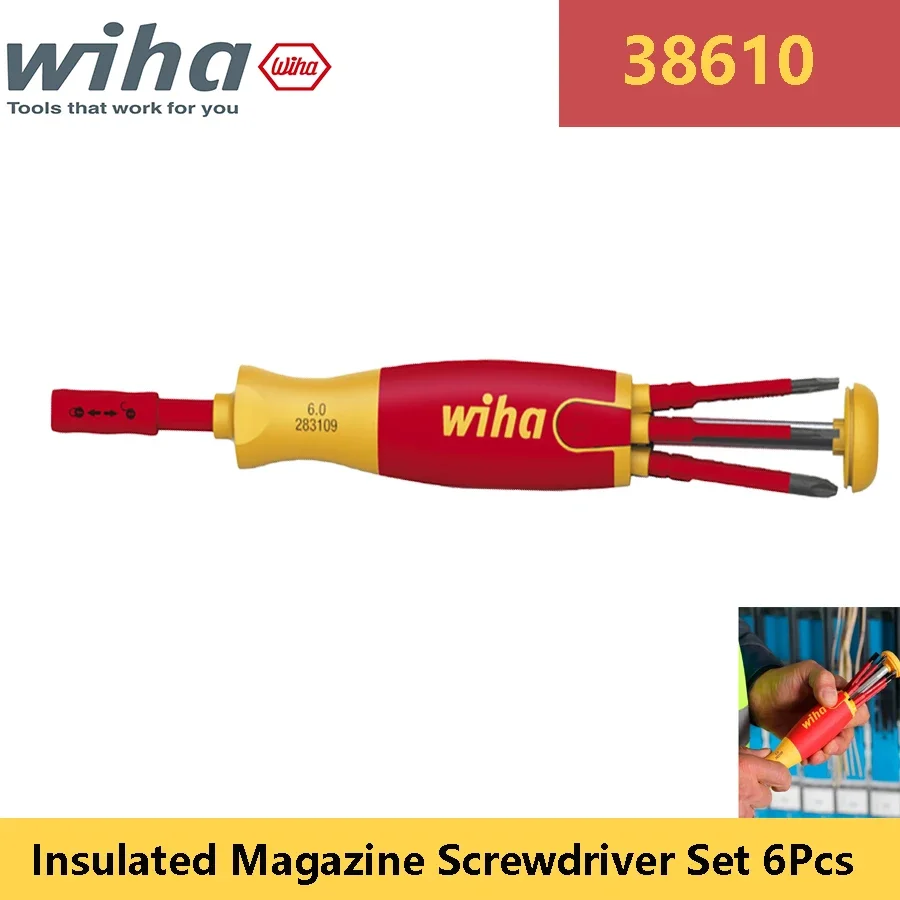 WIHA 38610 Insulated Screwdriver Set 6Pcs with 6 Bits Magazine for Slotted Phlillps Screws Electrician Screwdriver Hand Tools