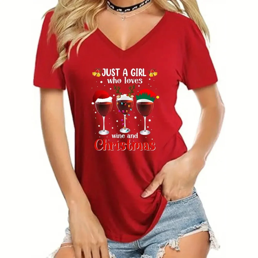 Christmas Women\'s T-Shirt Cartoon Print Street Fashion V-Neck Short-Sleeved Tee Festival Clothing Casual Female T Shirt Pullover