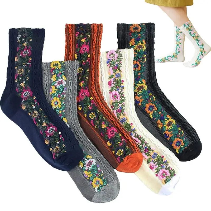 Women Nordic Stripe Flower Socks Cold Winter Warm Thermal Socks 5pairs/set Extra Thick Boot Socks For Extreme Cold Weather