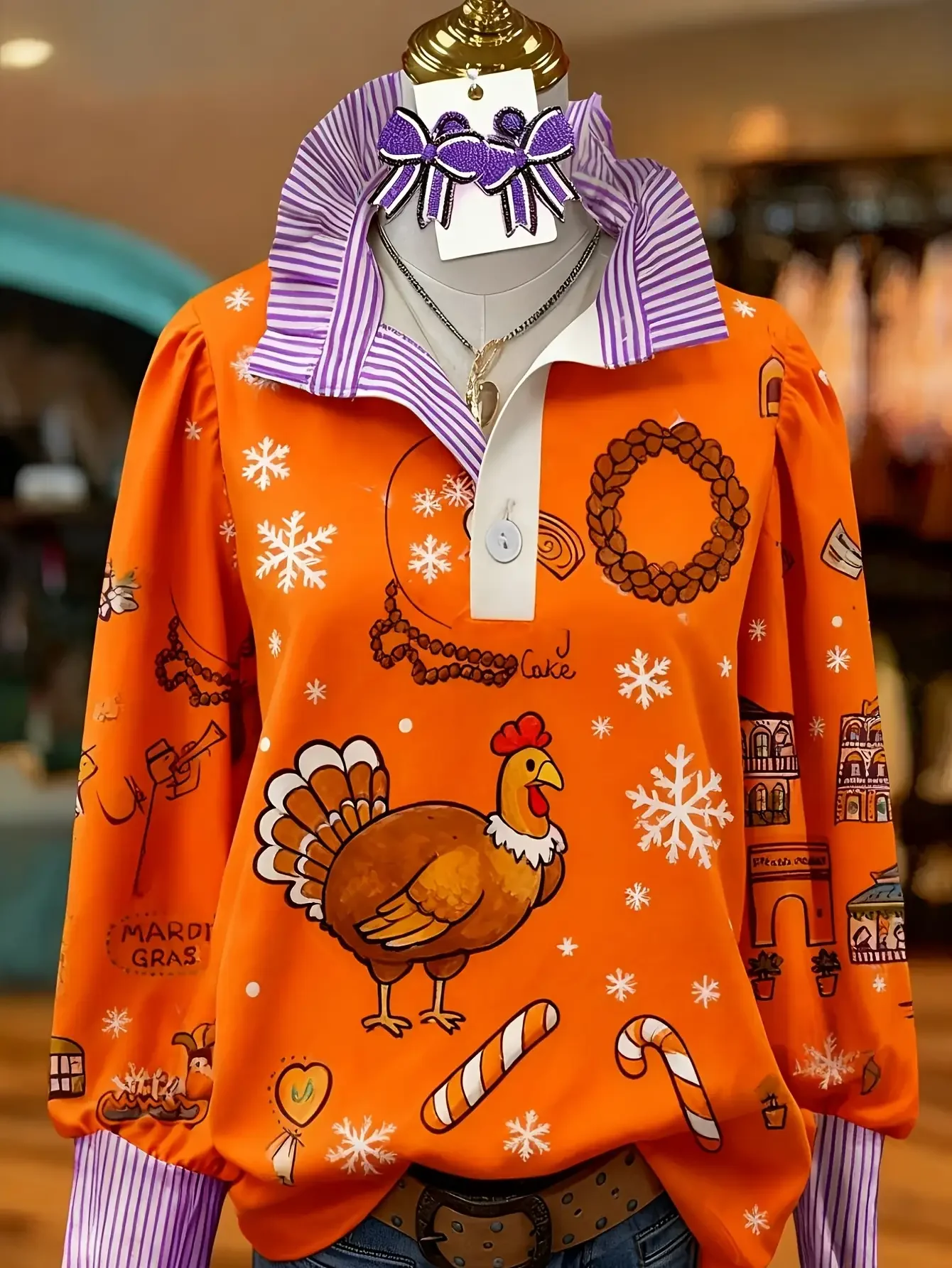 

Women's striped personalized fashion shirt, multi-color striped collar, half button pattern, Candy stick and snowflake design