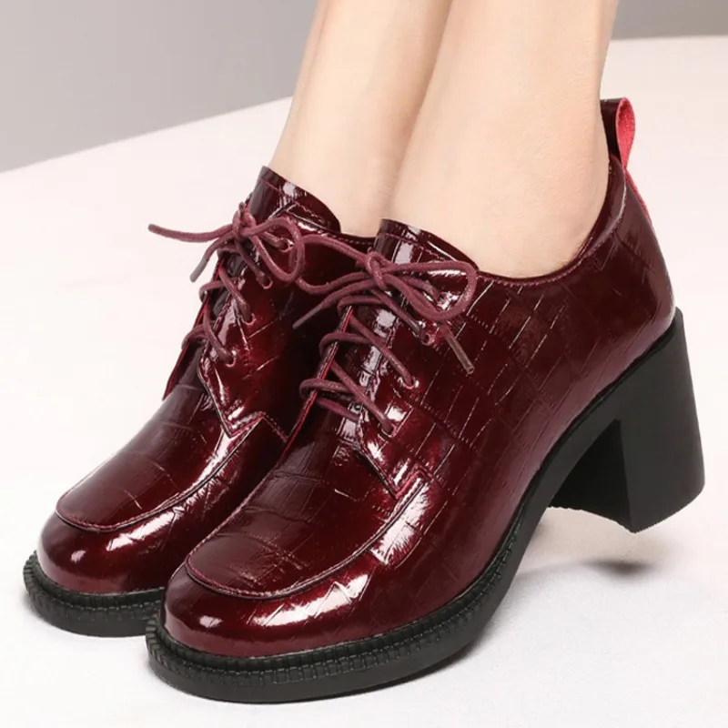 Genuine Leather Thick Root Round Head Glossy Women Loafers Patent Leather High Heels Fashion Street Photos Formal Shoes