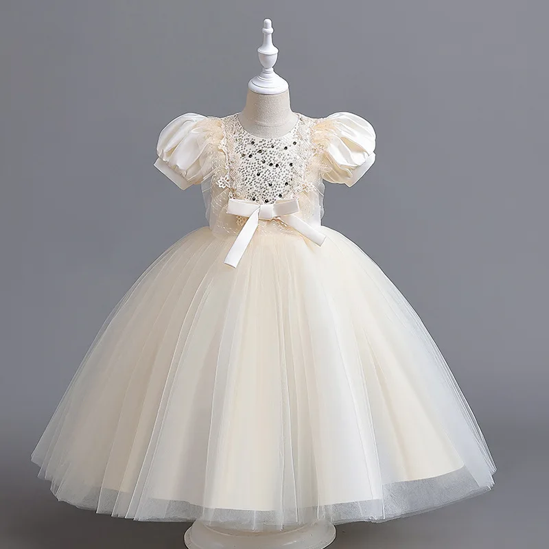 Sonder Flower Girls Sparkle Tulle Sequin Puff Sleeves Vintage Dress Princess Wedding Bridesmaid Party Holiday Dresses Customized