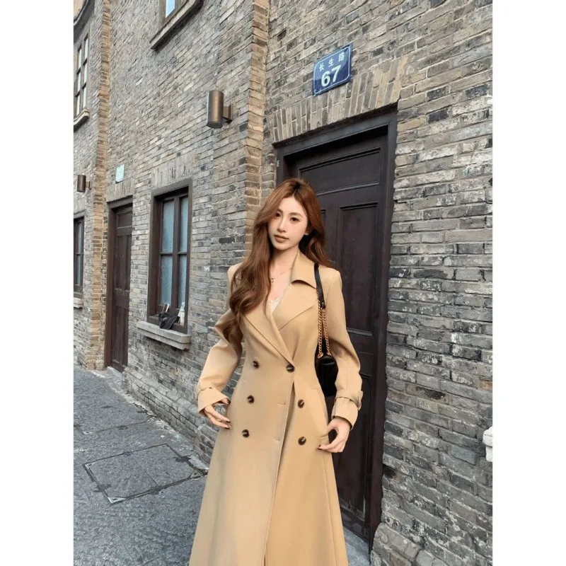 Autumn Winter Double-row Trench Coat Over The Knee Slim and Thin Temperament Fashionable Long Spring Autumn Coat Exquisite Coat