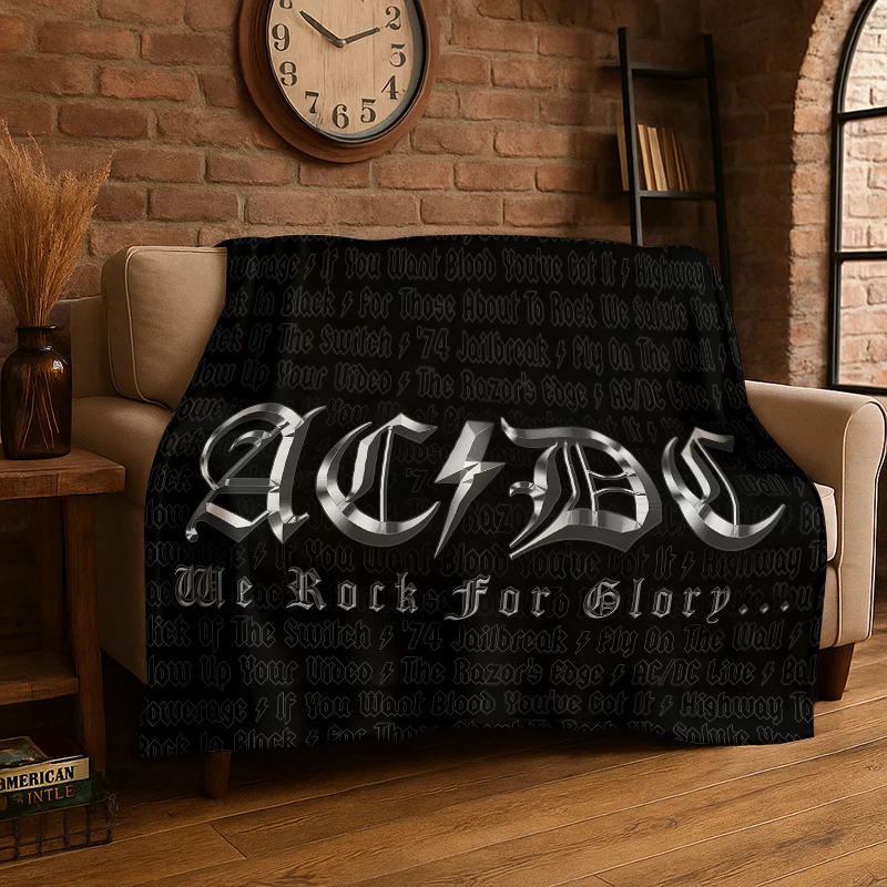 Retro ACDC Rock Band Catoon Flannel Blanket Soft Warm Throw Blanket for Bedroom Living Room Bed Travel Camping Picnic Gift