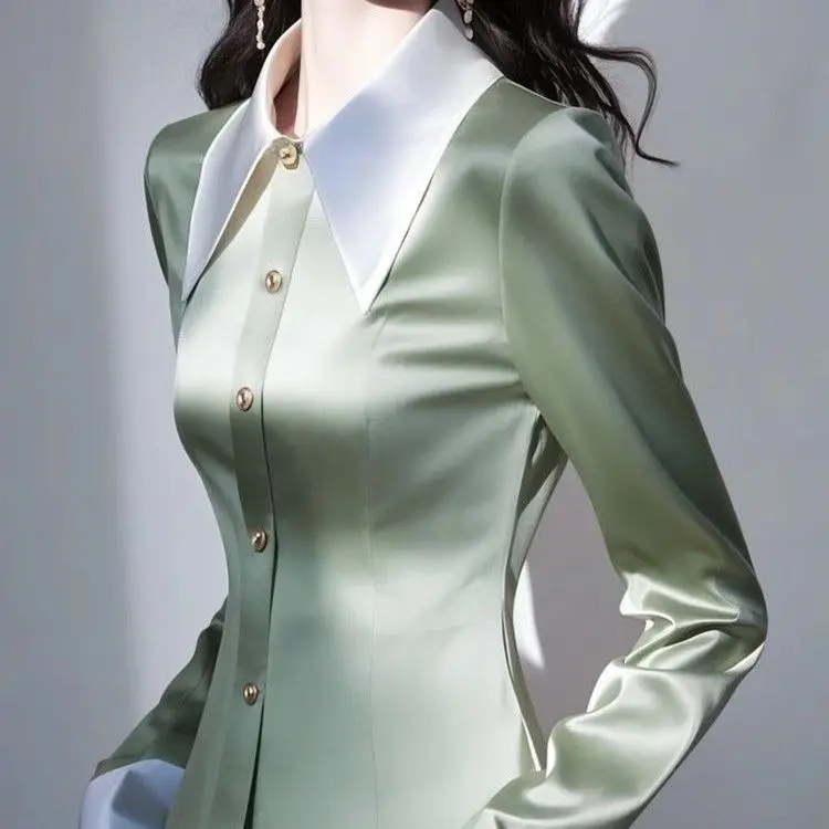 Autumn Winter Women's Sweet Spicy Purple Silk Shirt Long Sleeve Turn-down Collar Waist-cinching Design Commute Ready Top