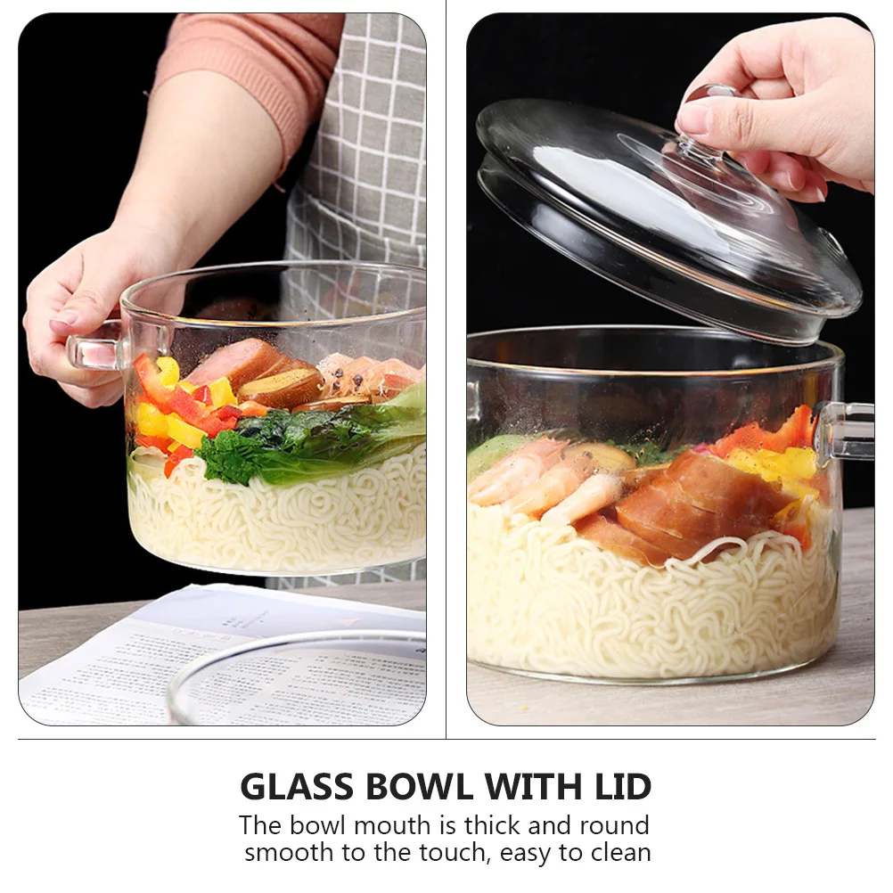 

Heat-Resistant 1350ml Glass Bowl Clear Noodles Soup Pot Thick Round Mouth Easy Clean Handle Design Multipurpose Use