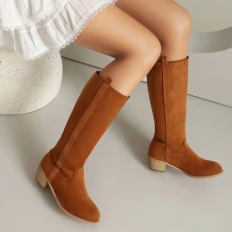 

ORCHA LISA Fashion Brand Leisure Women's Knee High Boots Round Toe 5cm Chunky Heel Slip On Flock Suede Large Size 44-46 Daily