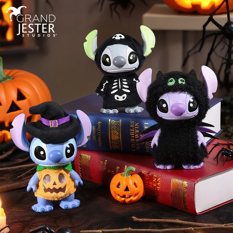 

Disney Stitch Halloween Mischievous Collectible Figure with Pumpkin Wizard Cute Costume and Glow-in-the-Dark Skeleton