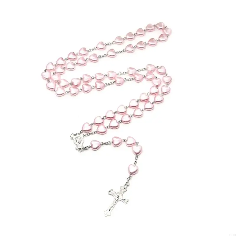 

W91B Heart-shaped Beads Rosary Necklaces Christian Mary Pendant Women Necklaces