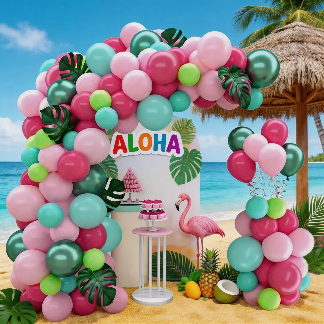 113-teiliges Hawaiianisches Themen-Ballonbogen-Set, Rosenrot, Rosa und Grün Tropische Partydekoration, Sommer Strand Geburtstagsfeier Deko – Detail 5
