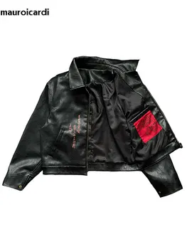 Mauroicardi Spring Autumn Short Black Printed Embroidered Pu Leather Jacket Men with Detachable Red Ribbon Zipper Cool Clothes 2 Mauroicardi Spring Autumn Short Black Printed Embroidered Pu Leather Jacket Men with Detachable Red Ribbon Zipper Cool Clothes 2