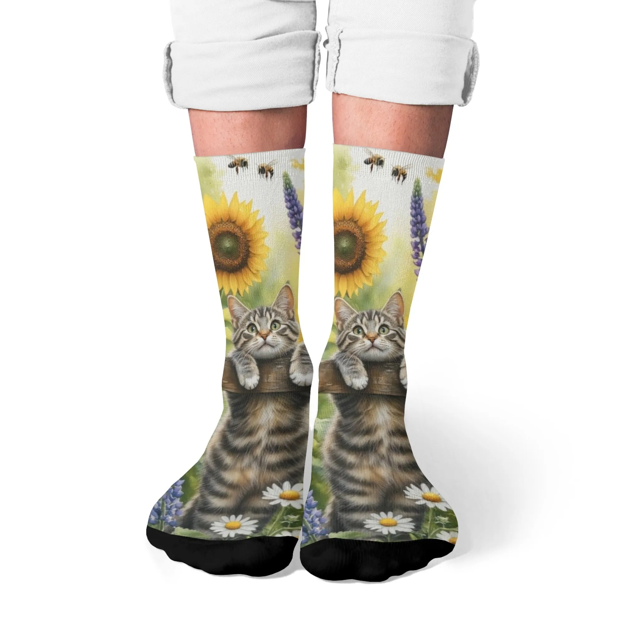 Harajuku Retro Tabby Cat Print Herrensocken Neuartiger pastoraler Blumenstil Freizeitsocken Bequeme und atmungsaktive Crew-Socken Geschenk