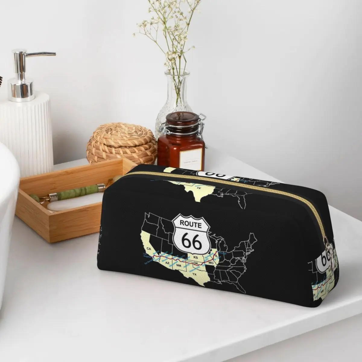 Route 66 Mother Road Biker America Pencil Cases for Student School Pen Box Pencil Bag Pencil Pouch Pen Holder