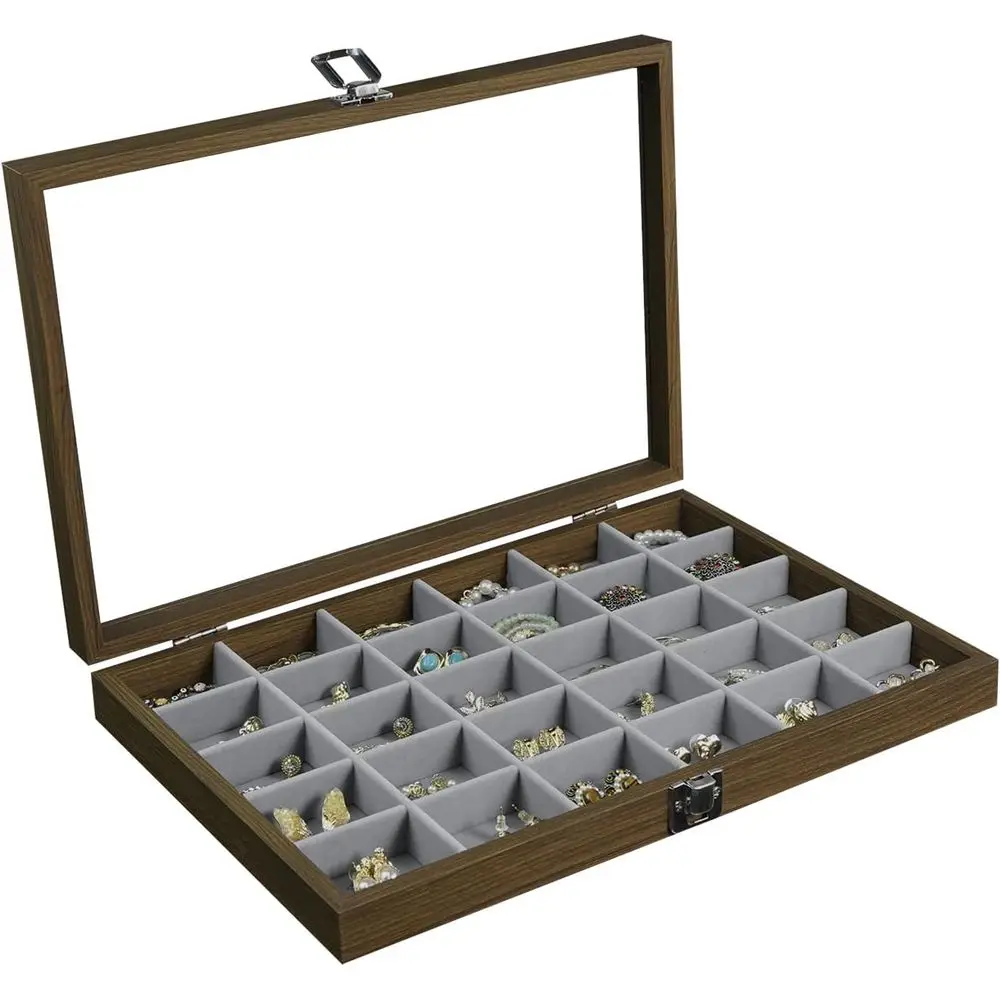 

Vintage-Style 30-Grid Wood Earring Jewelry Organizer with Lid for Rings & Earrings