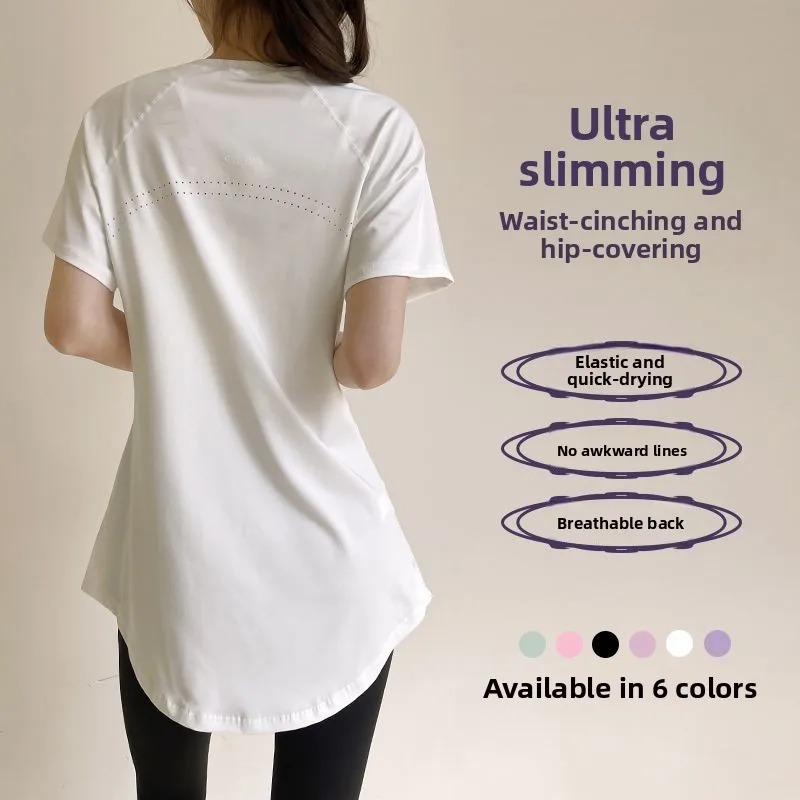 Women's Yoga Fitness T-shirt Short Sleeve Quick Dry Breathable Mid-Length Cover Butt Slimming Summer Sportswear Polyester