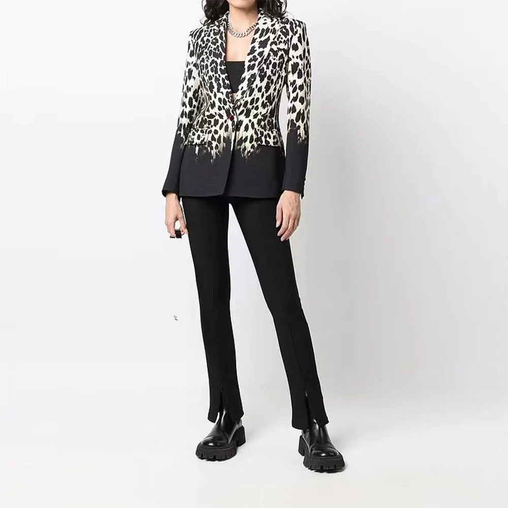 Leopard setelan Formal wanita, Blazer lengan panjang satu kancing ramping pakaian kerja kantor jaket mantel macan tutul untuk perempuan