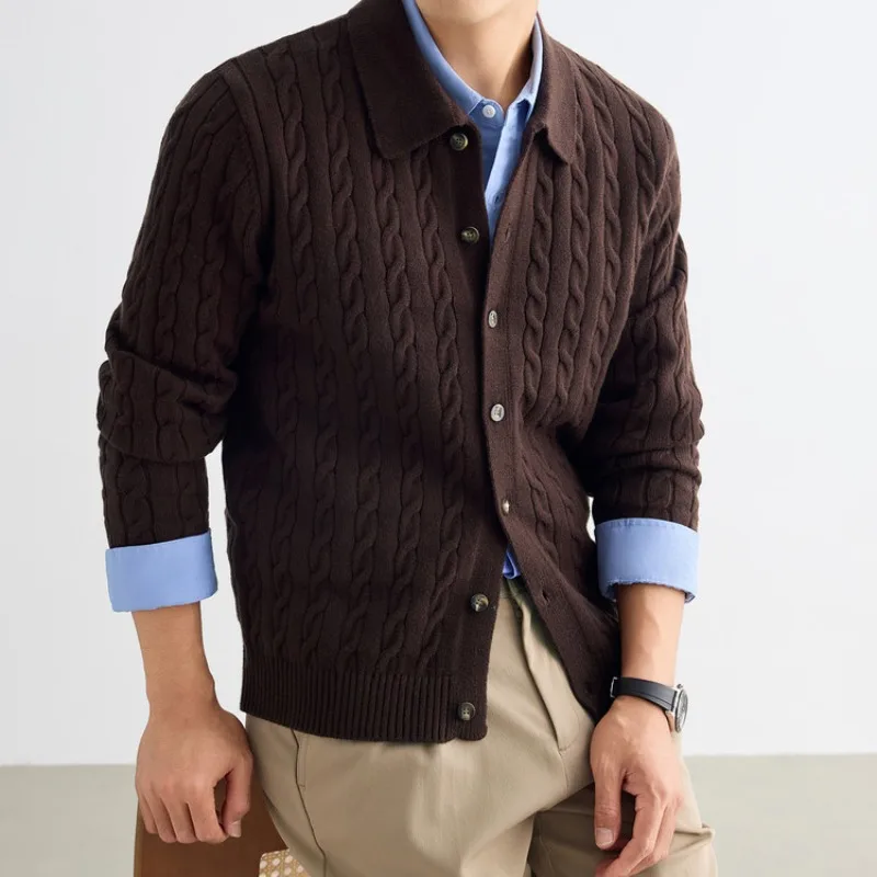 Men's Heavyweight Cable Knit Cardigan Ralph Style Thick Sweater Coat Turn-down Collar Knitwear
