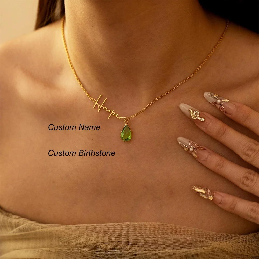 

Custom Name Birthstone Necklace Stainless Steel 18k Gold Plated Cursive Fonts Jewelry Teardrop Birthstone Necklace with Name Gif