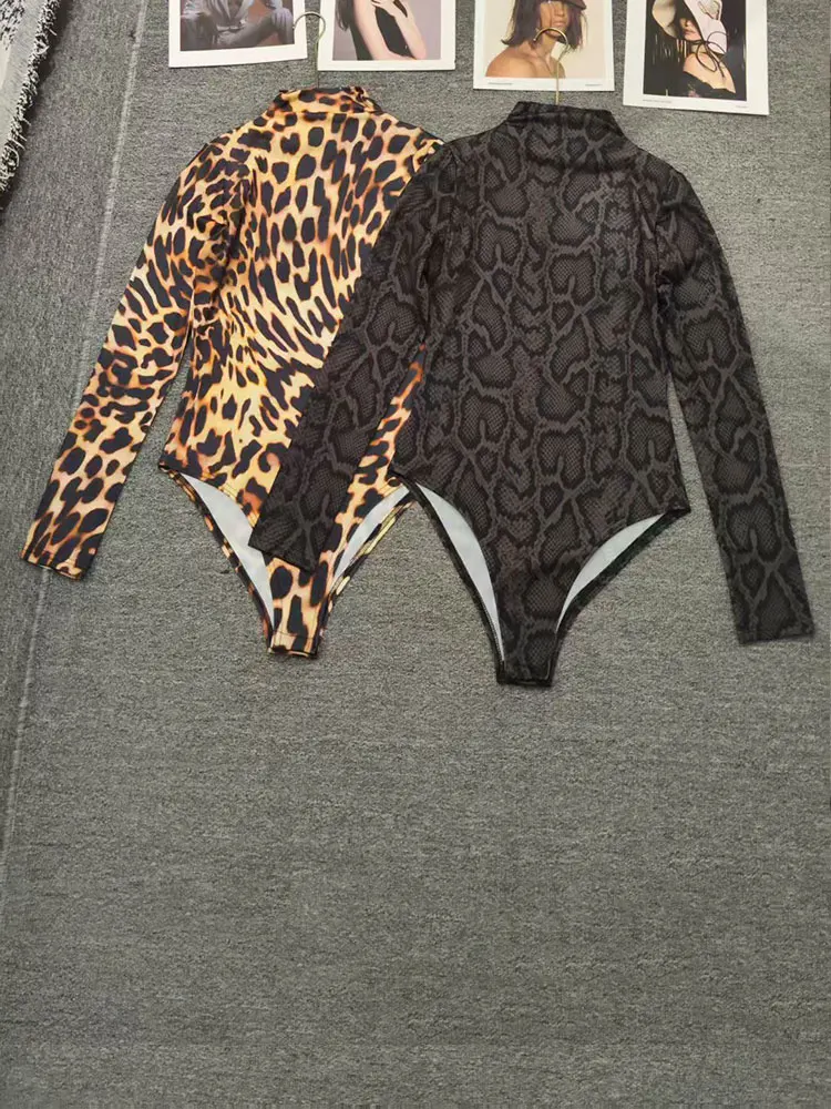 Leopard Print Retro Autumn Long-Sleeved High-Necked Slim Fit Jumpsuit Elegant Blouse Fashion Joker Bottoming Shirt for Women
