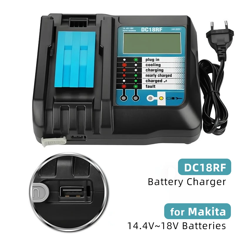 

Replacement of DC18RF Tool Battery Charger with USB Output and Display Charging for Makita 14.4V 18V BL1815 BL1830 BL1840 BL1430