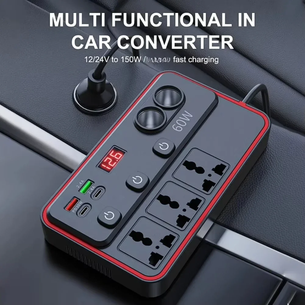 150W Car Inverter 12V/24V to 220V Multi-Function Vehicle Mounted Inverter Converter Socket Type Independent Switch Control