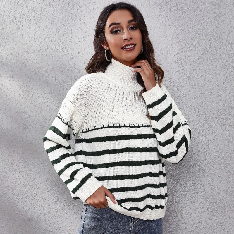 

Striped Turtleneck Patchwork Drop Shoulder Knitted Sweater Women Loose Fit Autumn Winter New