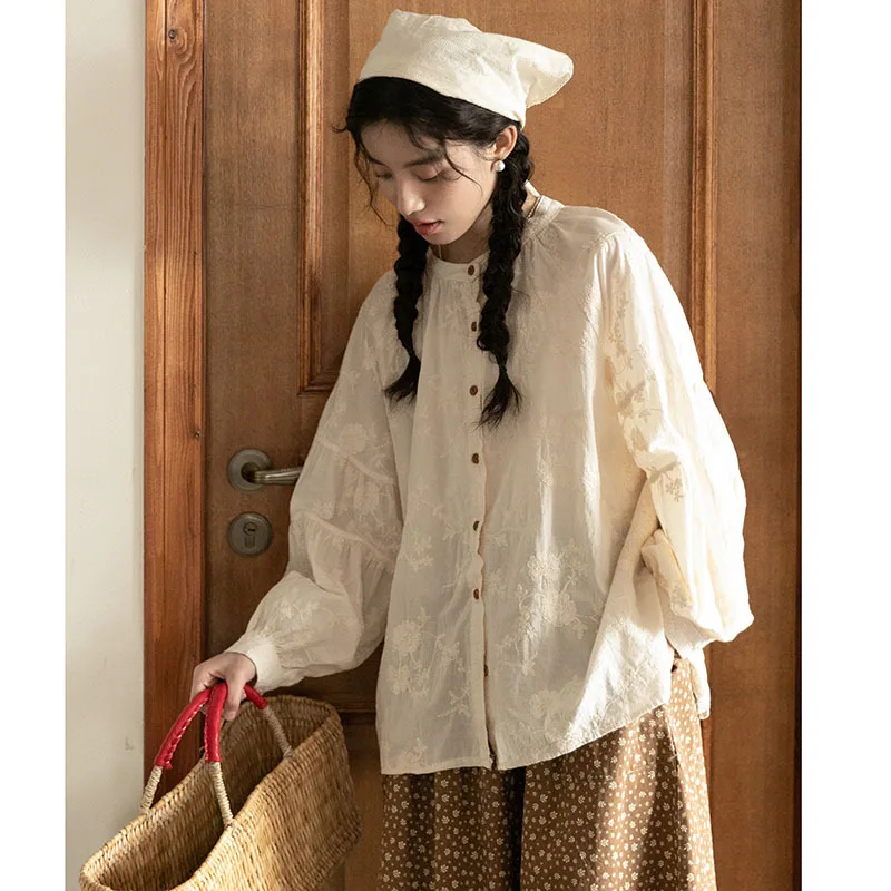 

Spring French Literary Round Neck Embroidery Gentle Hollow Jacquard Lantern Sleeve Long Sleeve Shirt Women Rustic Gentle