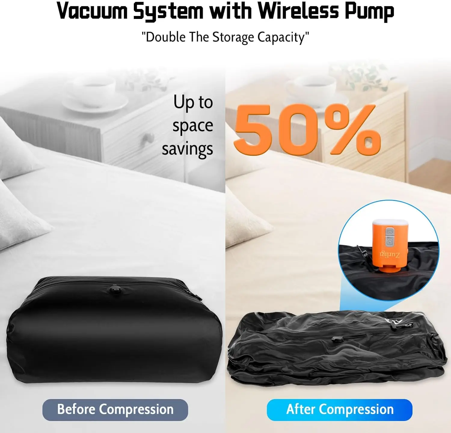 旅行、荷物、バックパック、スーツケース用のポンプと調節可能なストラップ付き再利用可能な真空圧縮バッグ