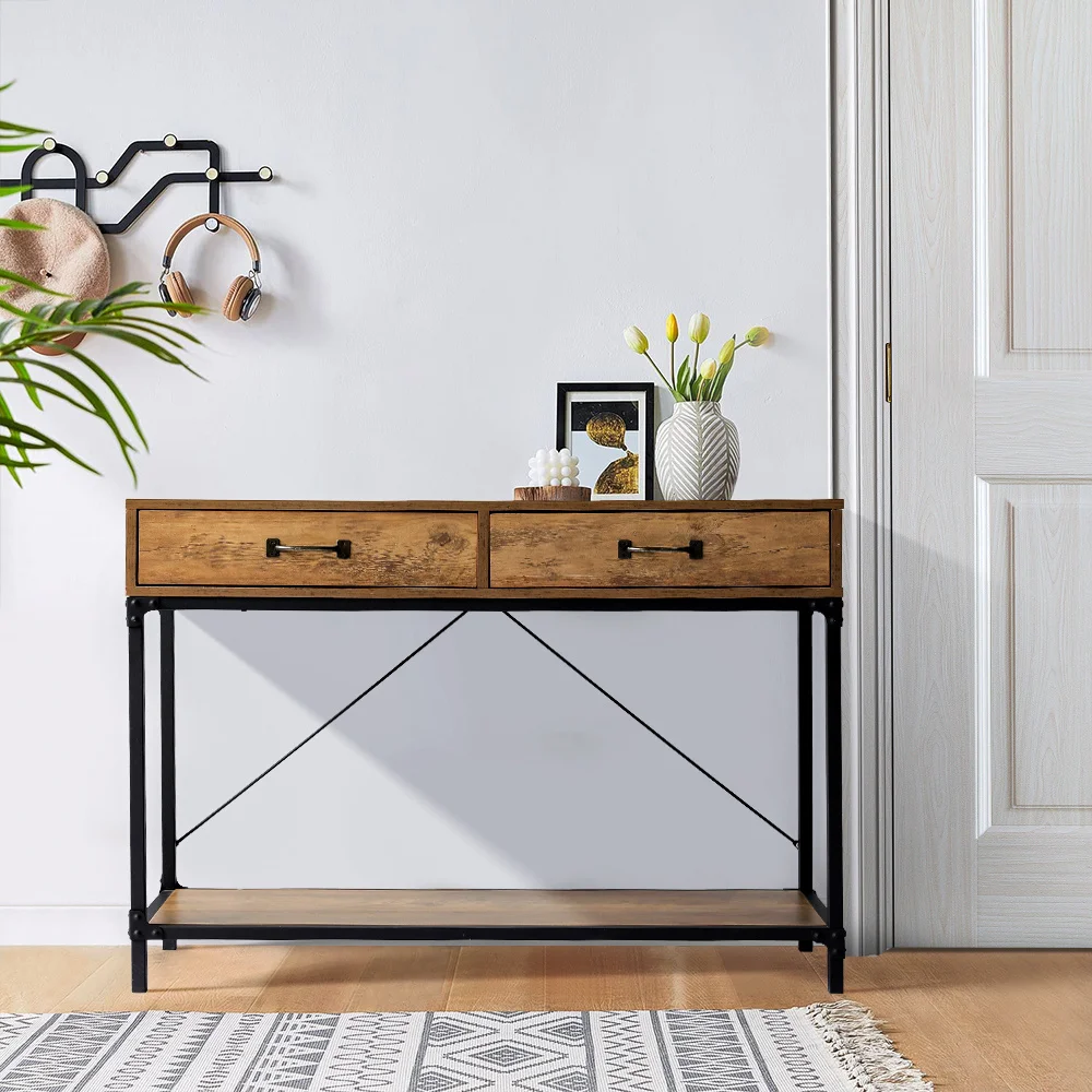 Rectangle Brown Industrial Wood Side Table with Drawers