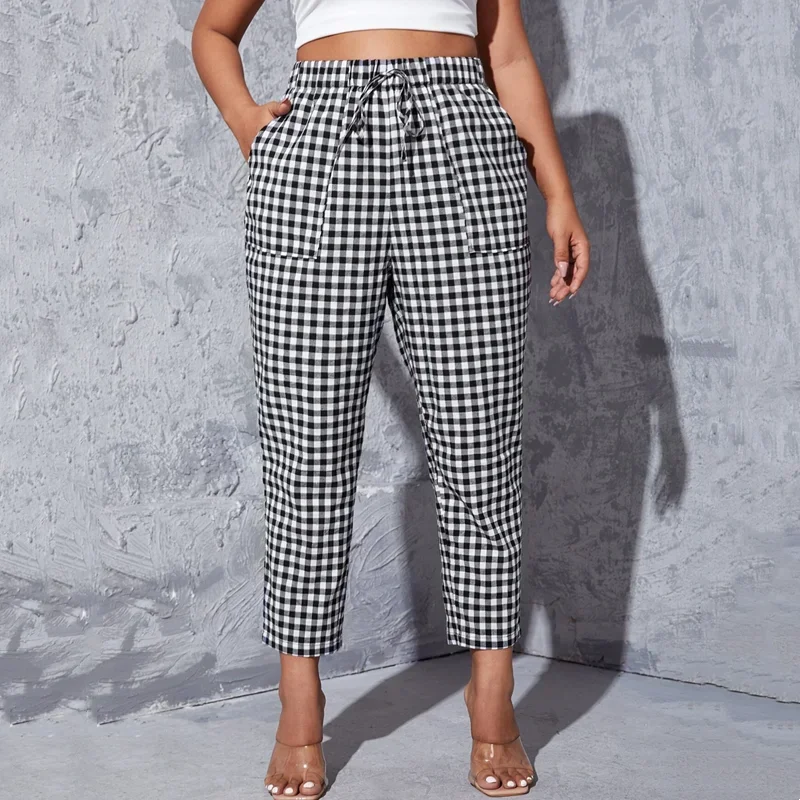 Plus Size Gingham Zomer Casual Taps Toelopende Wortelbroek Elastische Taillezak Voorkant Enkellange Rechte Broek Grote Maat 7xl 8xl