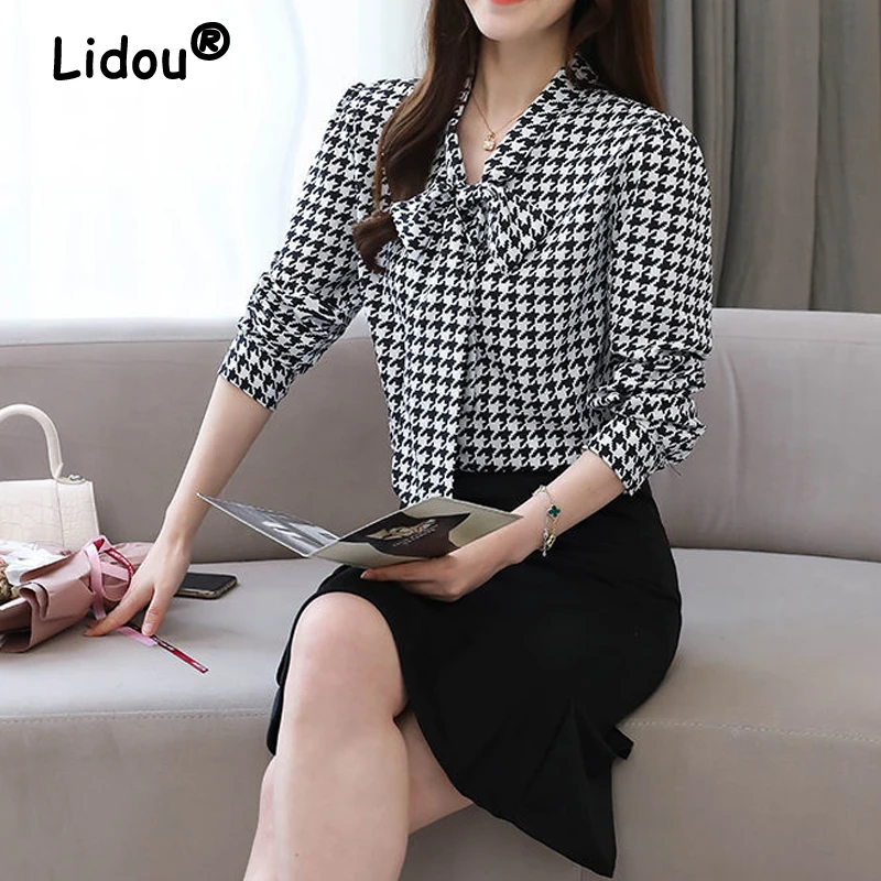 

Women Clothes Bow Lace Up Houndstooth Print Elegant Blouses Office Lady Long Sleeve Shirts Loose Chic Tops Blusa Mujer Moda 2023