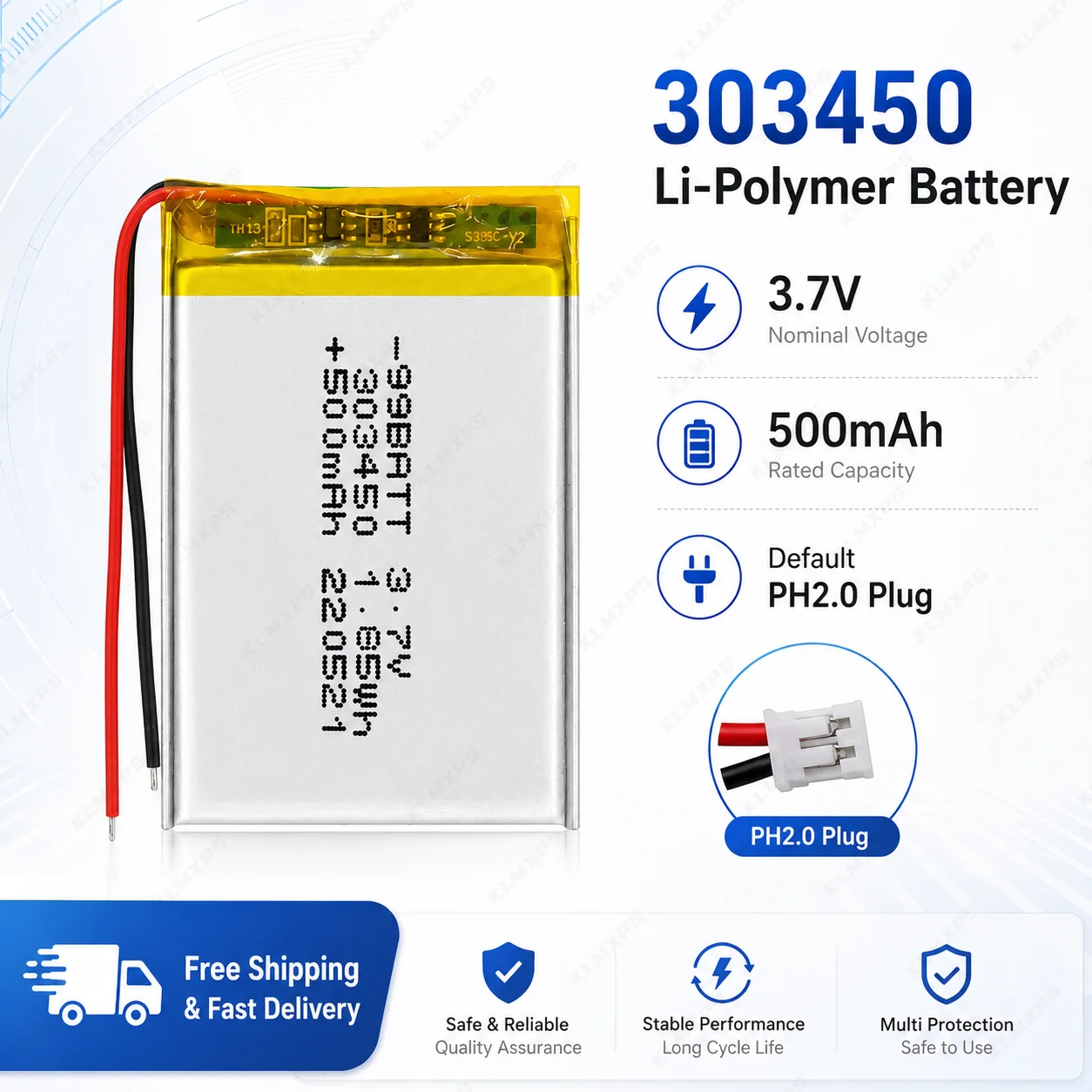 

3.7V 500mAh 303450 LiPo Lithium Polymer Battery Rechargeable Cell For DVD Car DVR Driving Recorder GPD Monitor