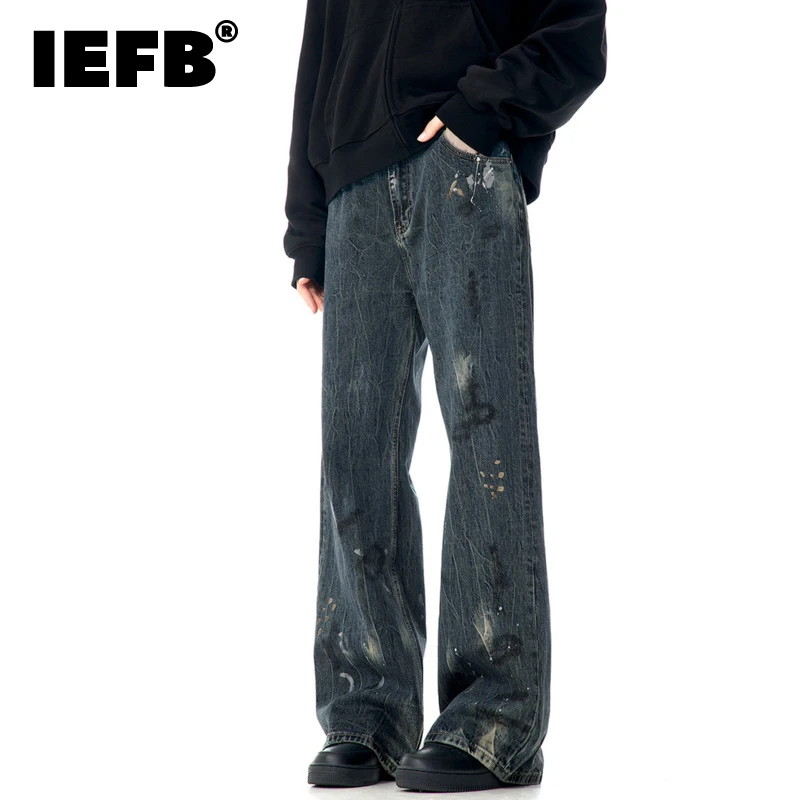 IEFB High Streert Straight Men's Denim Pants Streetwear Splashed Design Zipper Casual Belt Male Trousers 2024 Winter 9C8841