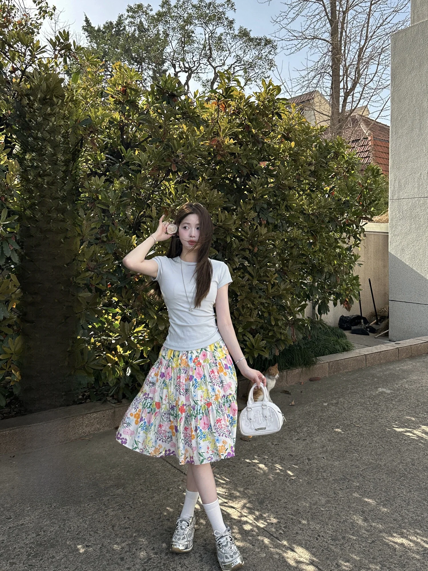 

Goo Goo Eyes Floral Print Loose Midi Skirt Women's Summer Casual Cotton A-Line Skirt Low Waist Floral Skirts